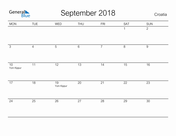 Printable September 2018 Calendar for Croatia