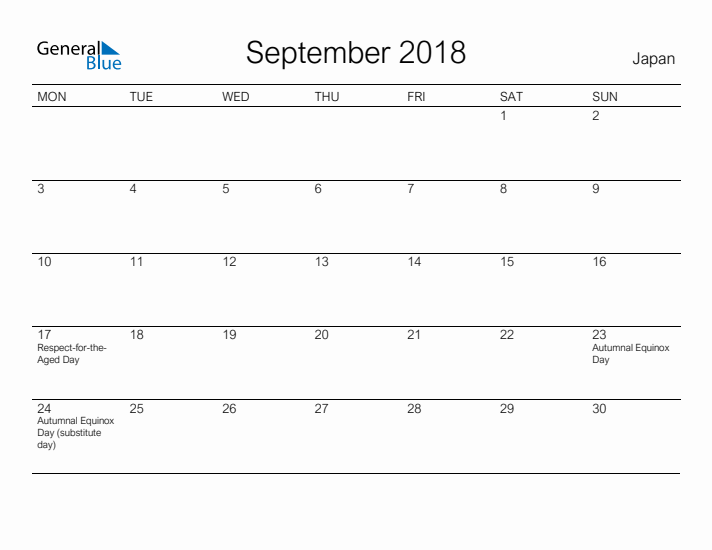Printable September 2018 Calendar for Japan