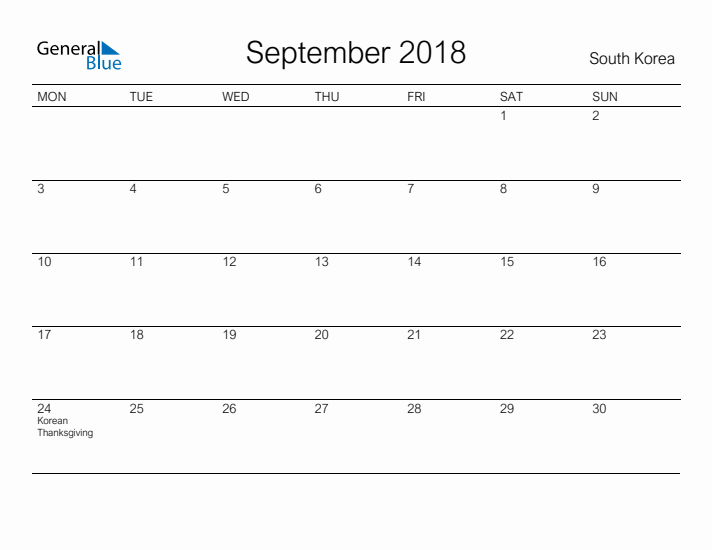 Printable September 2018 Calendar for South Korea