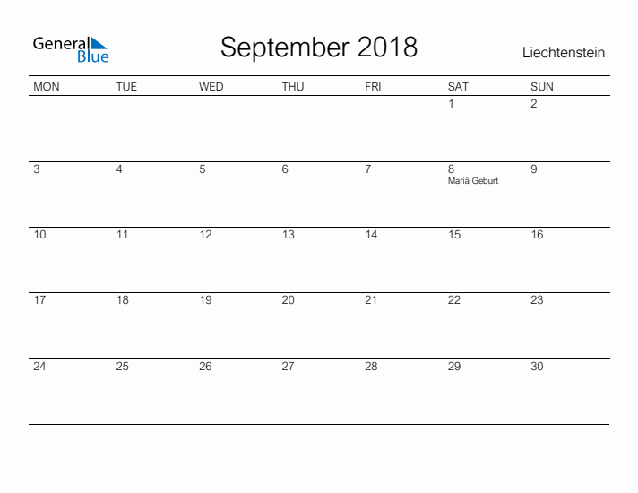 Printable September 2018 Calendar for Liechtenstein