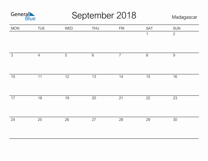 Printable September 2018 Calendar for Madagascar