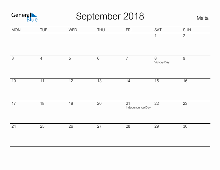 Printable September 2018 Calendar for Malta