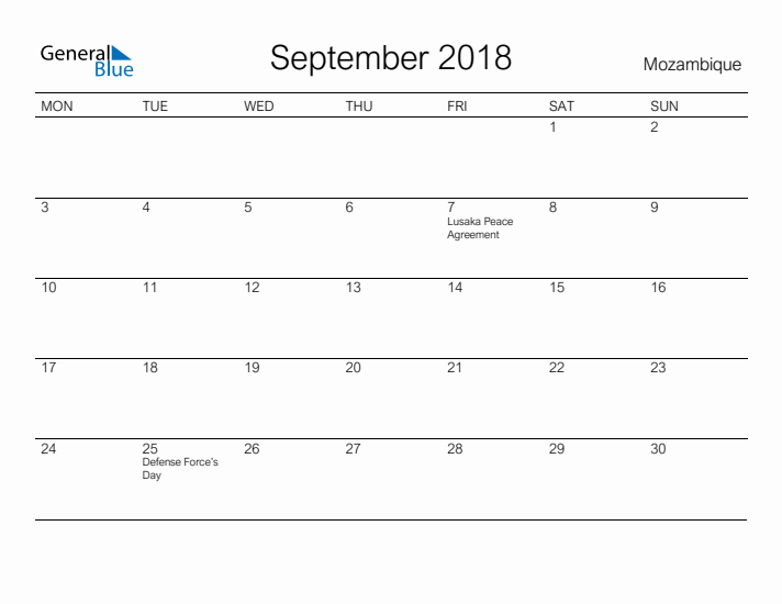 Printable September 2018 Calendar for Mozambique