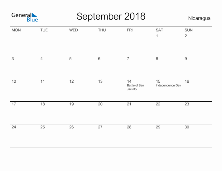 Printable September 2018 Calendar for Nicaragua