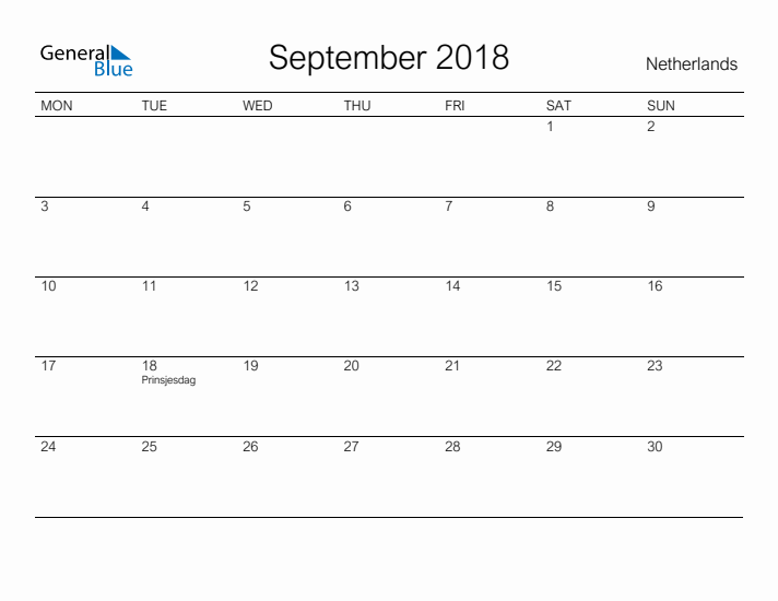 Printable September 2018 Calendar for The Netherlands