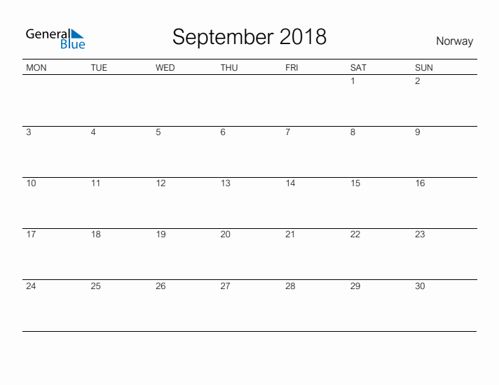 Printable September 2018 Calendar for Norway