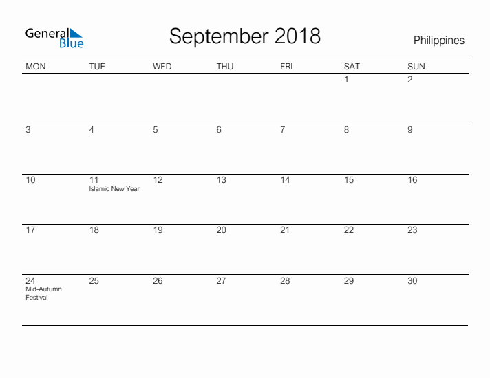 Printable September 2018 Calendar for Philippines