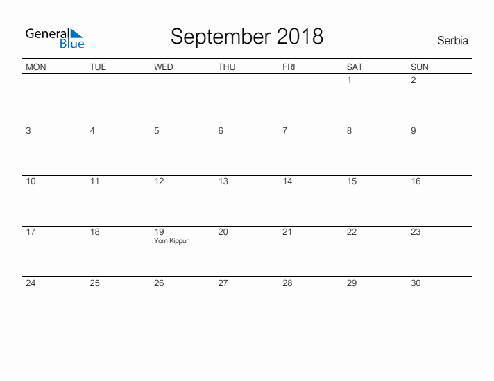 Printable September 2018 Calendar for Serbia