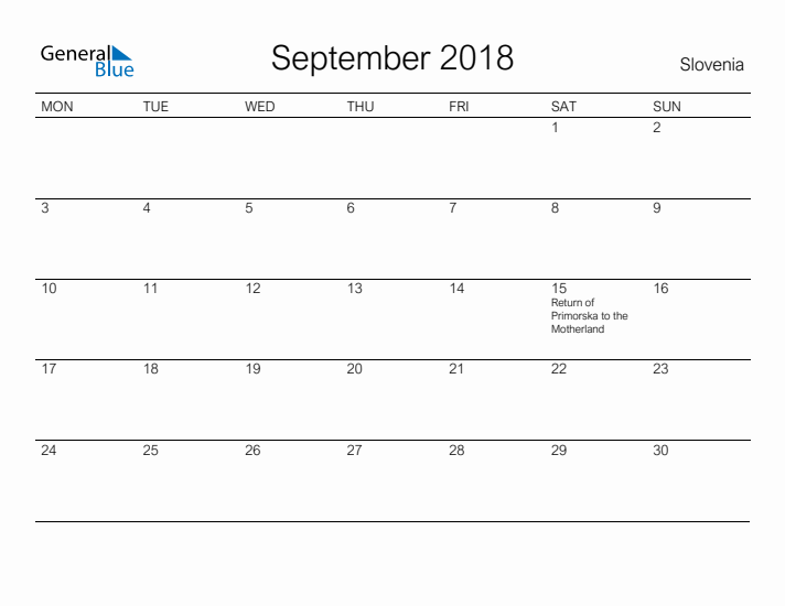 Printable September 2018 Calendar for Slovenia