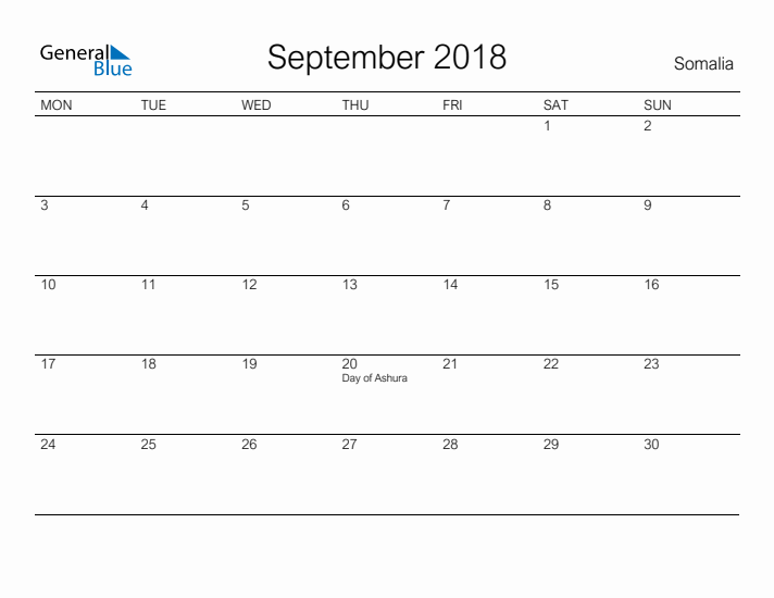 Printable September 2018 Calendar for Somalia