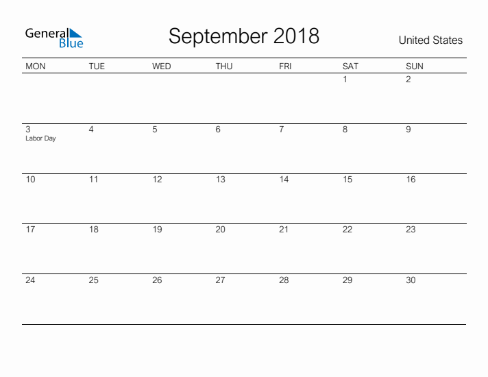 Printable September 2018 Calendar for United States