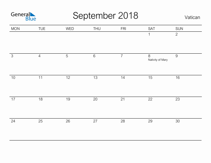 Printable September 2018 Calendar for Vatican