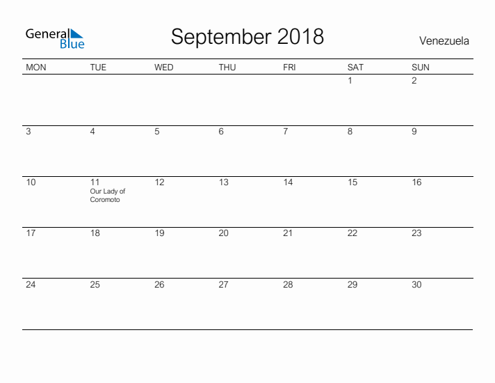 Printable September 2018 Calendar for Venezuela