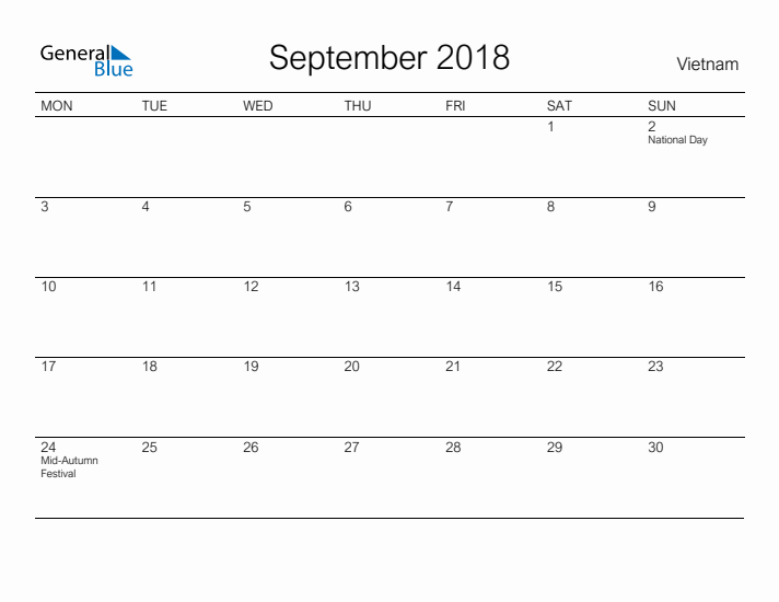 Printable September 2018 Calendar for Vietnam