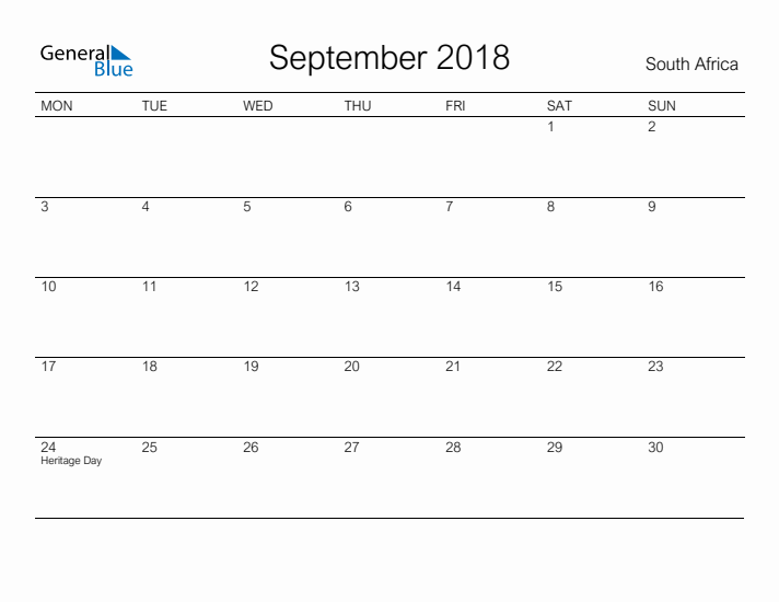 Printable September 2018 Calendar for South Africa