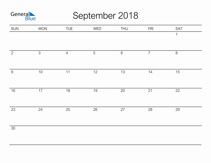 Printable September 2018 Calendar - Sunday Start