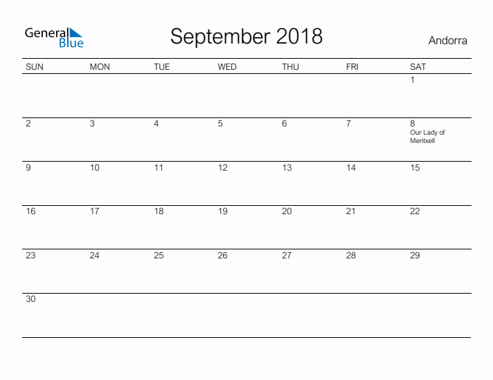 Printable September 2018 Calendar for Andorra