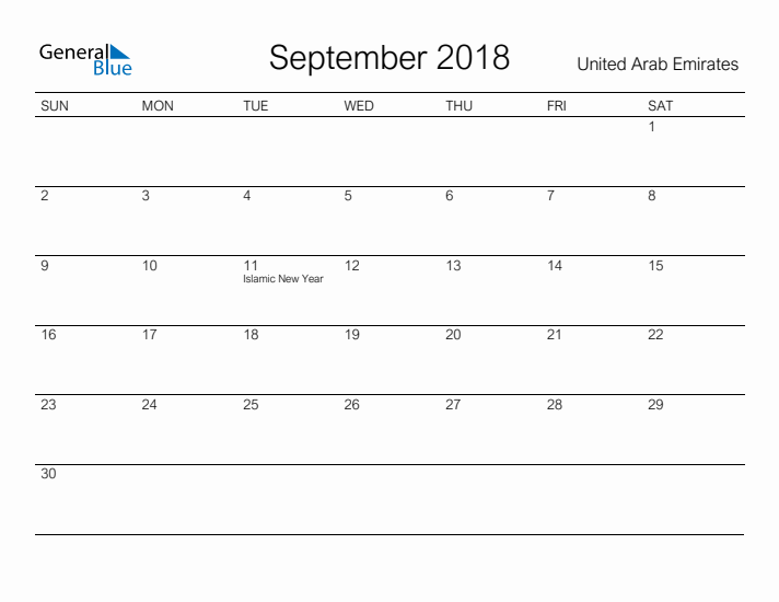 Printable September 2018 Calendar for United Arab Emirates