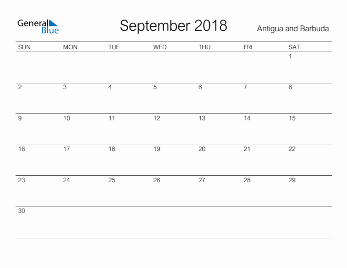 Printable September 2018 Calendar for Antigua and Barbuda