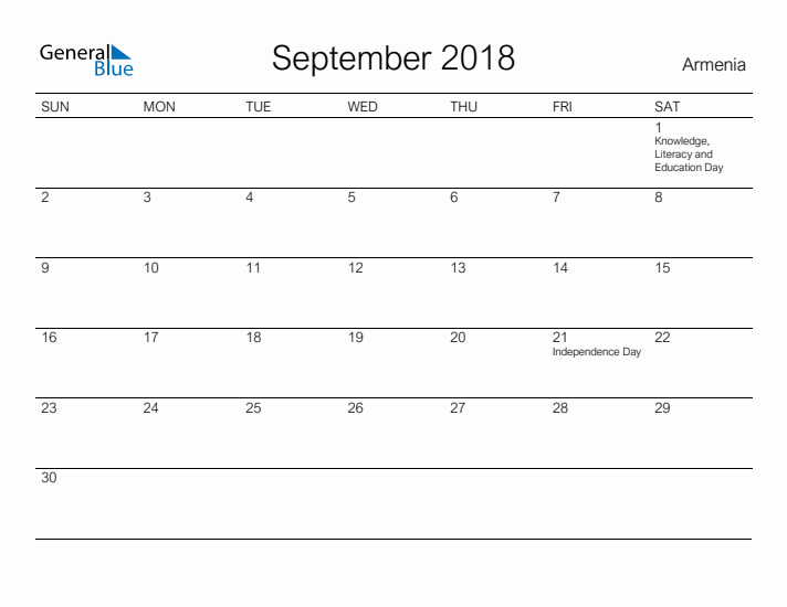 Printable September 2018 Calendar for Armenia