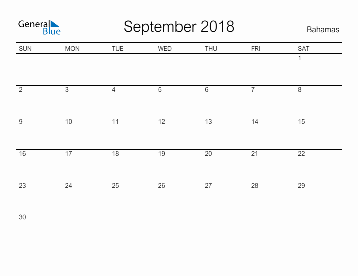Printable September 2018 Calendar for Bahamas