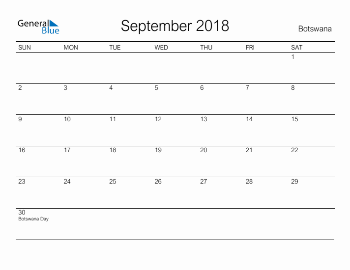 Printable September 2018 Calendar for Botswana