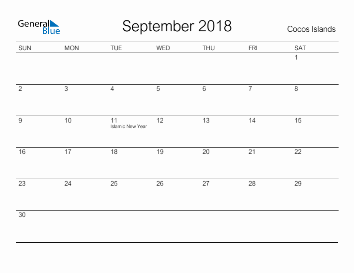 Printable September 2018 Calendar for Cocos Islands