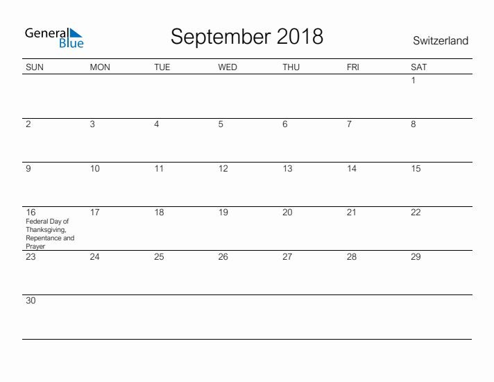 Printable September 2018 Calendar for Switzerland