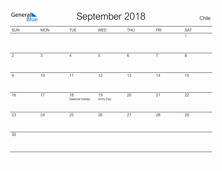 Printable September 2018 Calendar for Chile