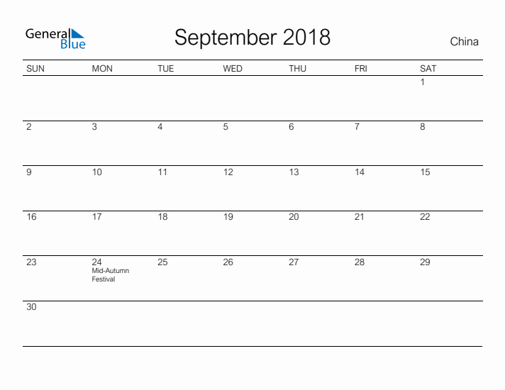 Printable September 2018 Calendar for China