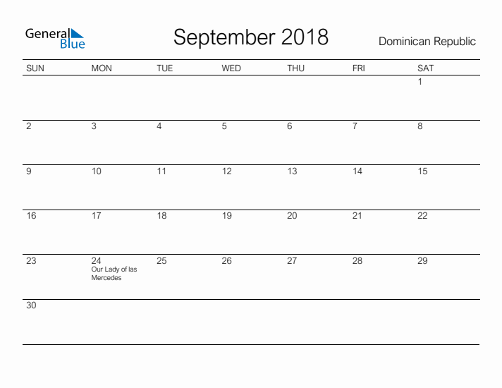 Printable September 2018 Calendar for Dominican Republic