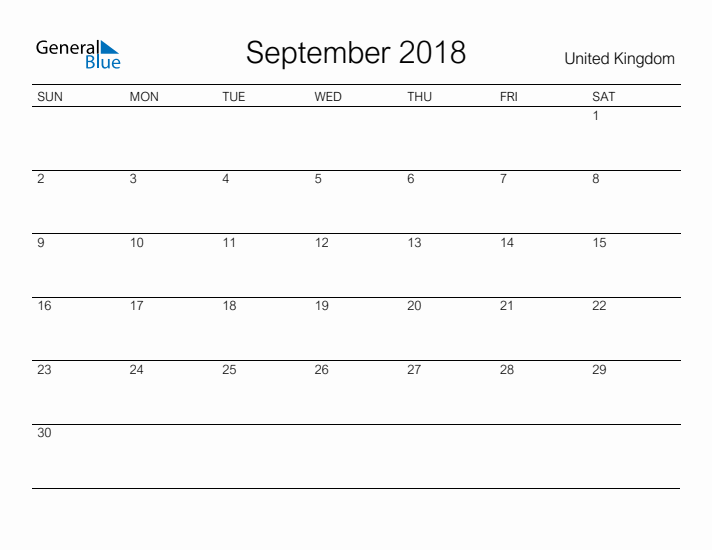 Printable September 2018 Calendar for United Kingdom