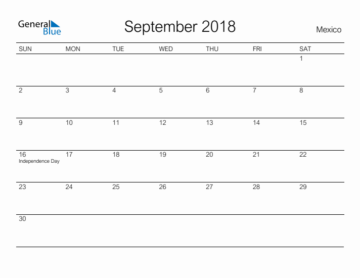 Printable September 2018 Calendar for Mexico