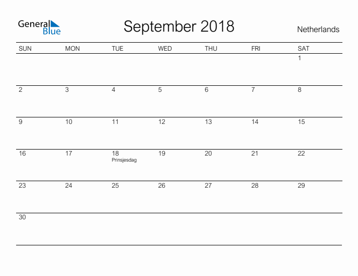 Printable September 2018 Calendar for The Netherlands