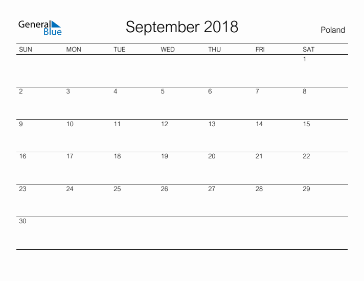 Printable September 2018 Calendar for Poland