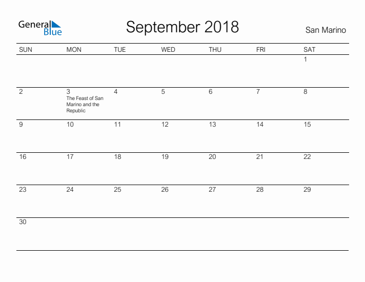 Printable September 2018 Calendar for San Marino