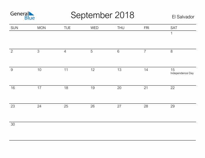Printable September 2018 Calendar for El Salvador