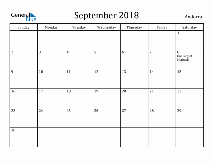 September 2018 Calendar Andorra