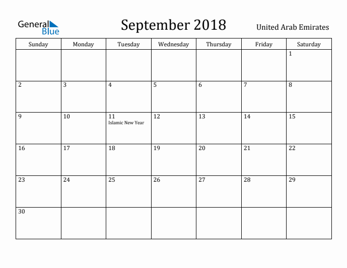 September 2018 Calendar United Arab Emirates