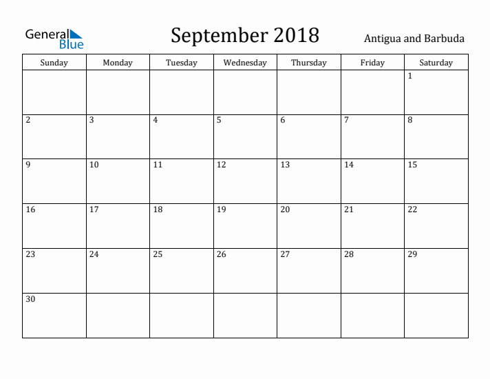 September 2018 Calendar Antigua and Barbuda