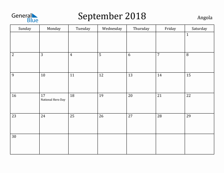 September 2018 Calendar Angola