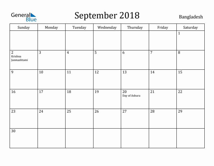 September 2018 Calendar Bangladesh
