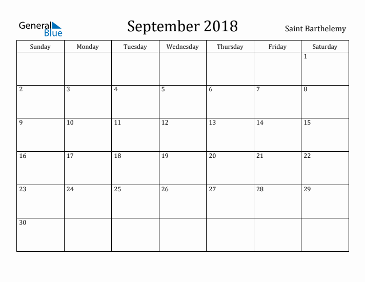 September 2018 Calendar Saint Barthelemy