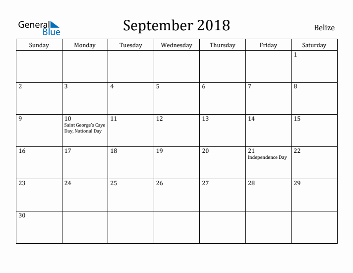 September 2018 Calendar Belize
