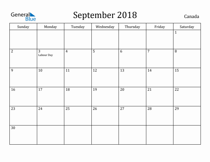 September 2018 Calendar Canada