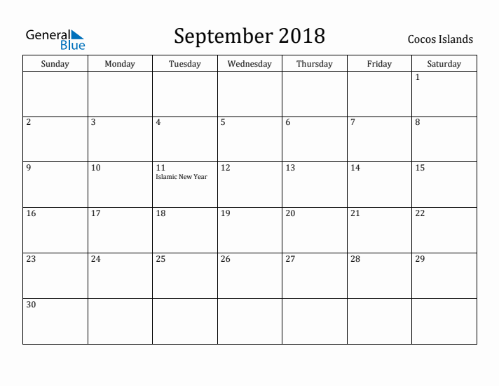 September 2018 Calendar Cocos Islands
