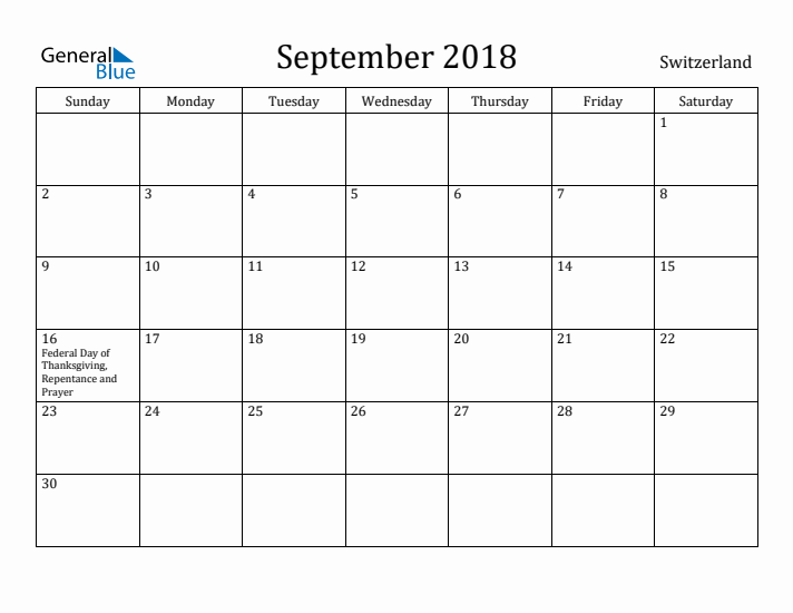 September 2018 Calendar Switzerland