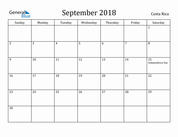 September 2018 Calendar Costa Rica