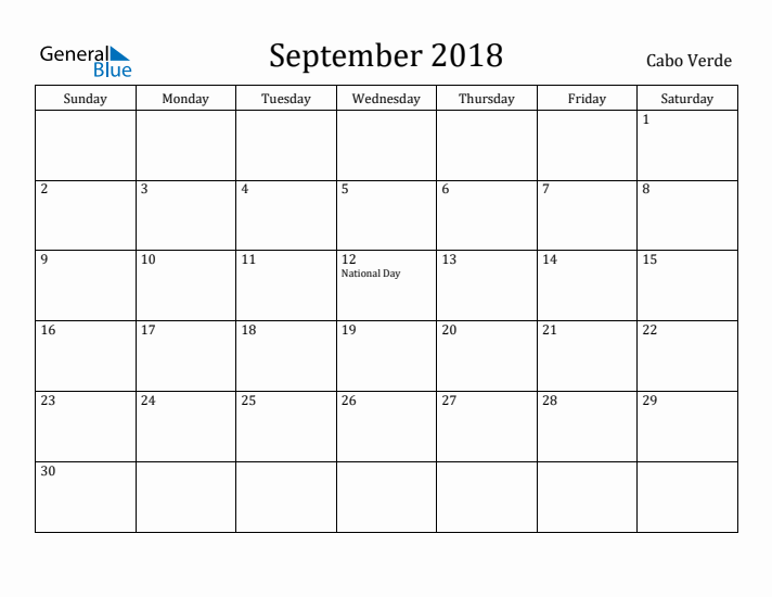 September 2018 Calendar Cabo Verde