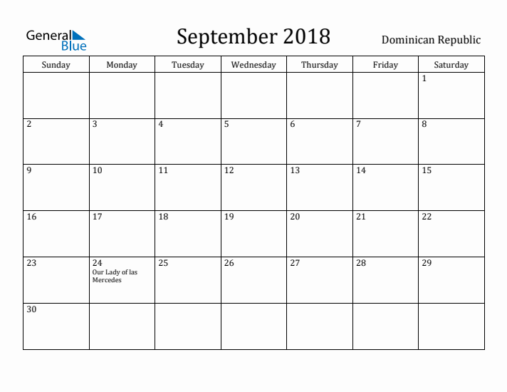 September 2018 Calendar Dominican Republic